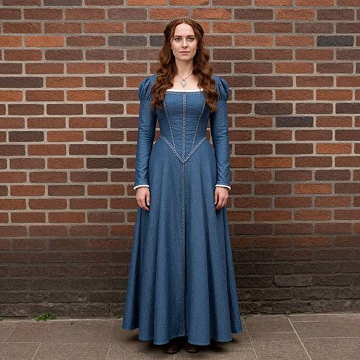 Photograph of a woman with long, wavy brown hair, wearing a blue, Victorian-style, long-sleeve dress, standing against a brick