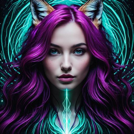 Surreal Portrait of Woman with Fox Ears and Neon Hair Surreal Portrait of Woman with Fox Ears and Neon Hair