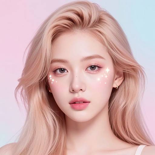 Digital portrait of a young woman with long, wavy blonde hair, fair skin, and sparkling white glitter on her cheeks, against a light blue and