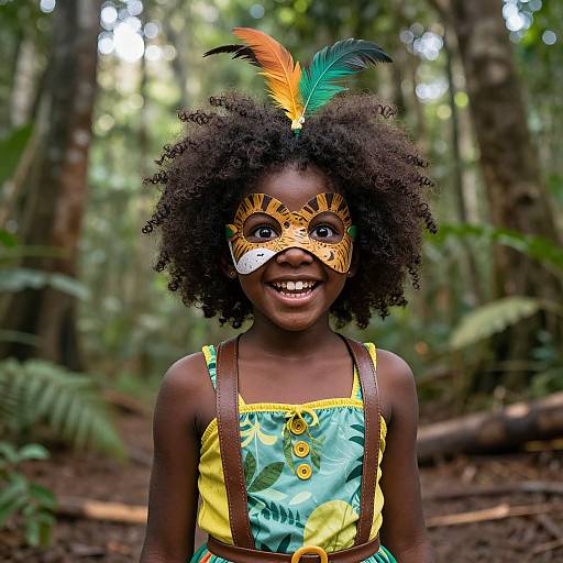 Photograph of a smiling Black child with curly hair, wearing a colorful feathered headpiece, face mask, and tropical-patterned dress, in a