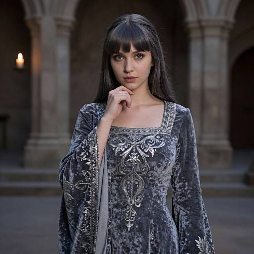 Photograph of a fair-skinned woman with long black hair, wearing a detailed, dark gray velvet dress, standing in a dimly lit, medieval