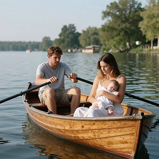Serene Couple in Rowboat with Baby