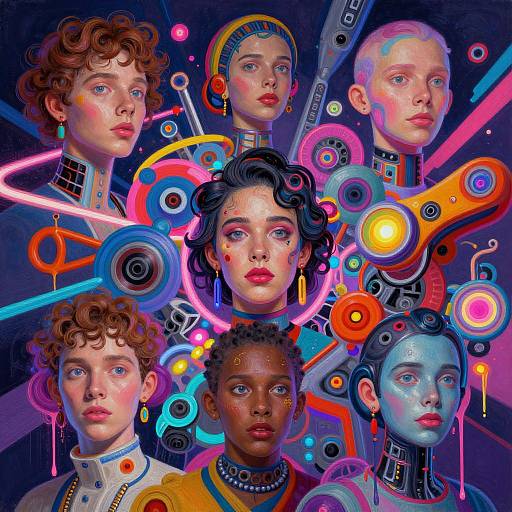 Digital artwork of six diverse, cybernetic, neon-lit faces with curly hair, colorful circuitry, and glowing elements, set against a dark