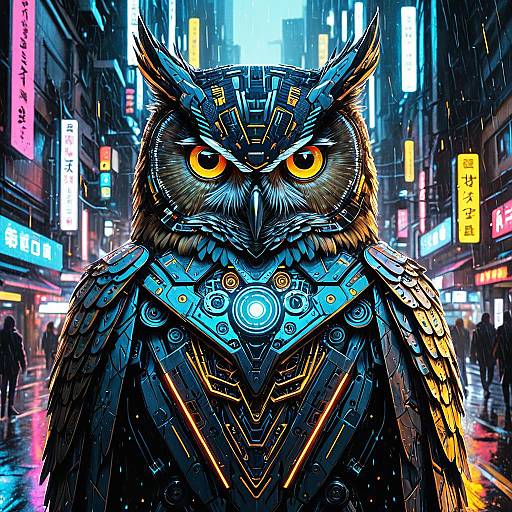 Cyberpunk Owl Android in Neon City