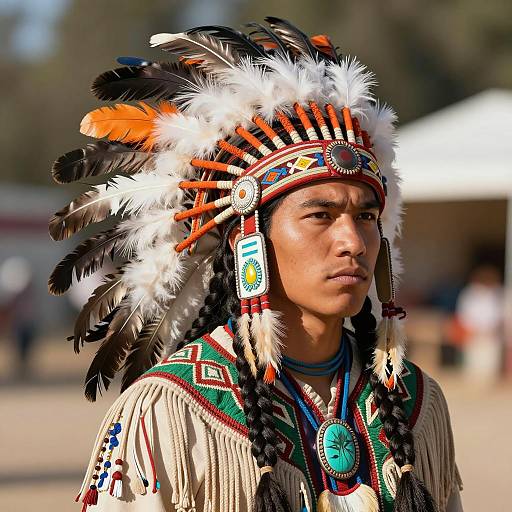 Native American Man in Traditional Feather Headdress