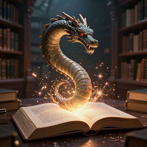 Digital artwork of a glowing, serpent dragon with red eyes emerging from an open book, surrounded by sparks, in a dimly lit library with booksh