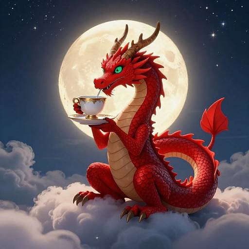 Digital artwork: Red dragon with green eyes, sitting on clouds, holding a teacup and saucer, against a full moonlit night sky.