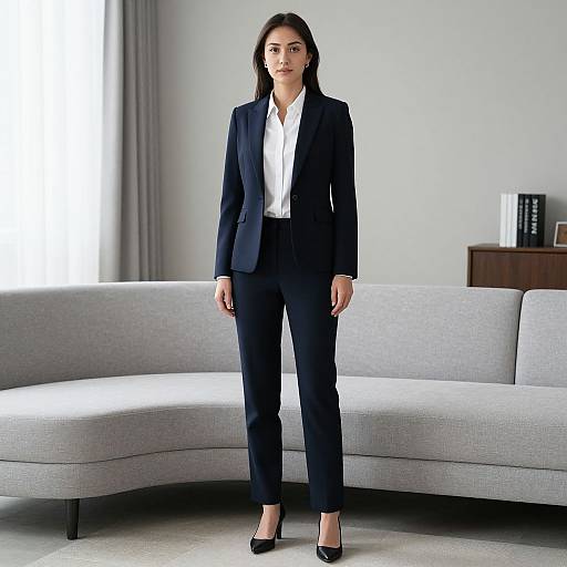 Photograph of a serious-looking woman with dark hair, wearing a black suit, white shirt, and black heels, standing in a modern, minimalist living