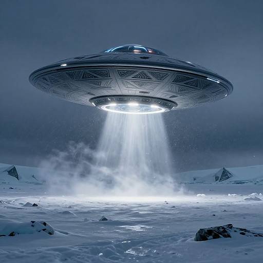 Photograph of a glowing, saucer-shaped UFO hovering over a snowy, icy landscape, with bright beams of light illuminating the snow below.