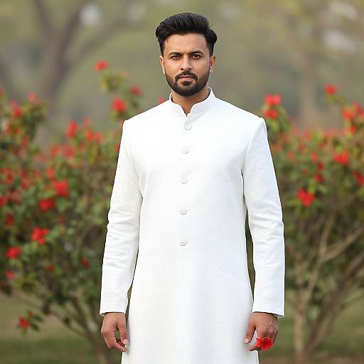 Photograph of a bearded man with dark hair, wearing a white traditional long kurta, standing in front of a blurred garden with red flowers.
