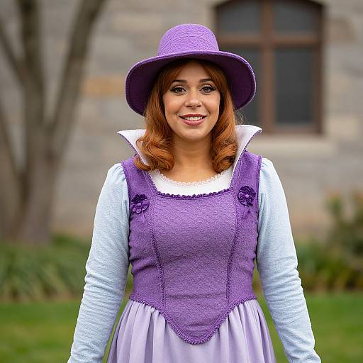 Photograph of a smiling woman with fair skin and red hair, wearing a purple hat, lavender dress over a light blue shirt, standing in front of