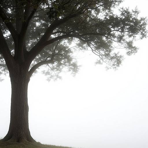 Photograph of a large, dark tree with intricate branches and leaves silhouetted against a stark white background, creating a high-contrast effect.
