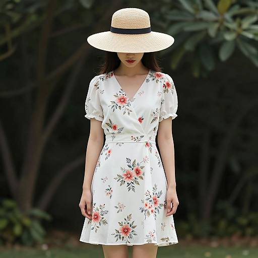 Photograph of an Asian woman in a white floral dress and wide-brimmed straw hat, standing against a dark green leafy background.