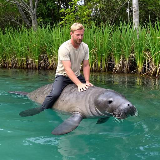 Photograph of a blond bearded man in a white shirt and black pants riding a large gray seal in a turquoise, tropical waterway with lush green
