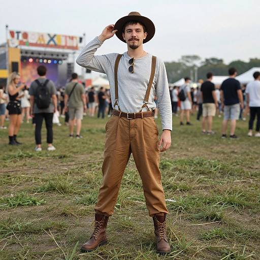 Photograph of a bearded man in white shirt, brown suspenders, and boots, wearing a black hat, standing on grass at an outdoor festival