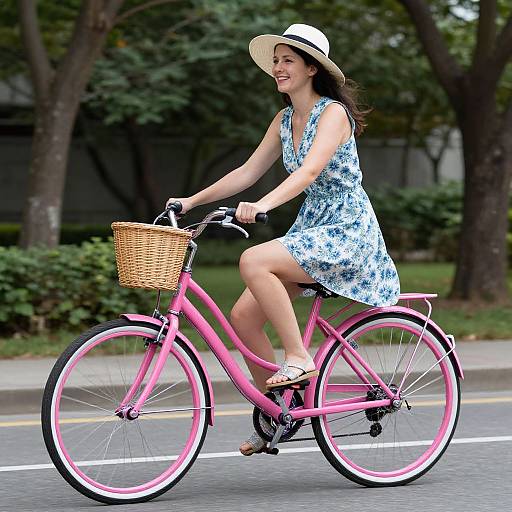 Cheerful Woman on Pink Cruiser Bike