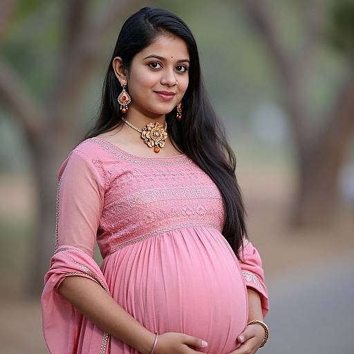 Photograph of a pregnant Indian woman with long black hair, wearing a pink embroidered dress, gold jewelry, smiling outdoors. Blurred trees in background.