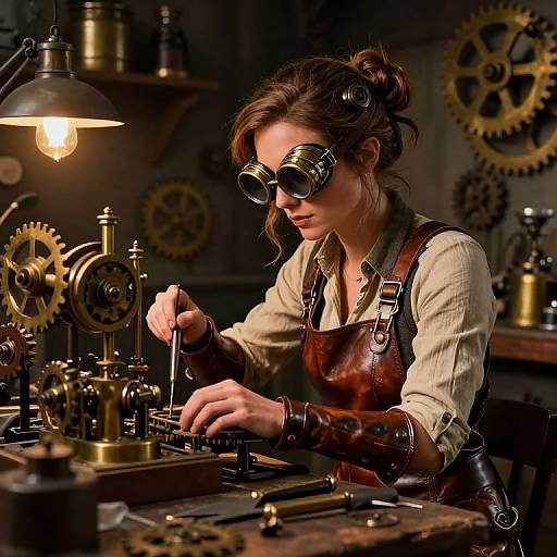 Steampunk woman with brown hair, goggles, and leather apron, working on intricate brass clockwork machinery in dimly lit workshop.