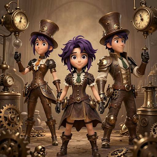 CGI image of three stylized, anime-like characters in steampunk attire with top hats, holding clock gears, standing in a clock-filled,