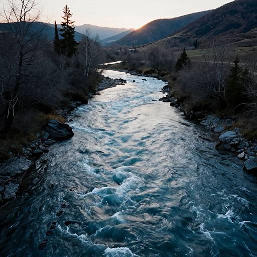 Photograph of a flowing, turbulent river at sunset, surrounded by dark, leafless trees and hills, with the sun setting behind the mountains.