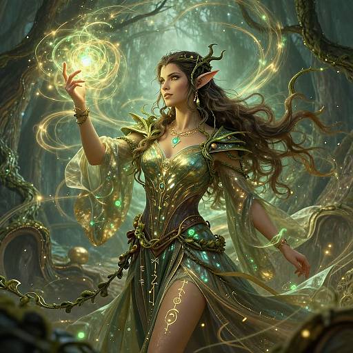 Digital fantasy artwork of a beautiful, long-haired elf woman with glowing green eyes, wearing an ornate green dress, summoning light with a magical glow