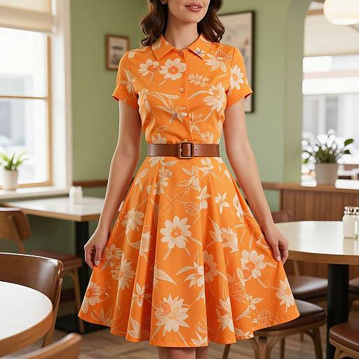 Photograph of a woman in an orange floral dress with a brown belt, standing in a brightly lit, vintage-style diner.