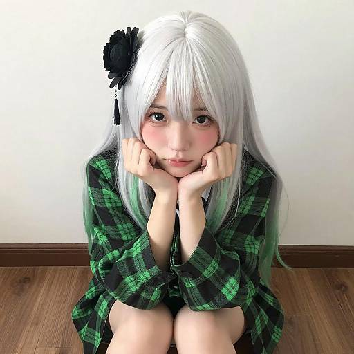 Shy Anime Girl with White-Green Hair