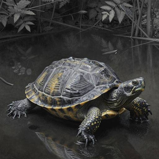 Charcoal Painting of Wise Turtle in Forest Pond