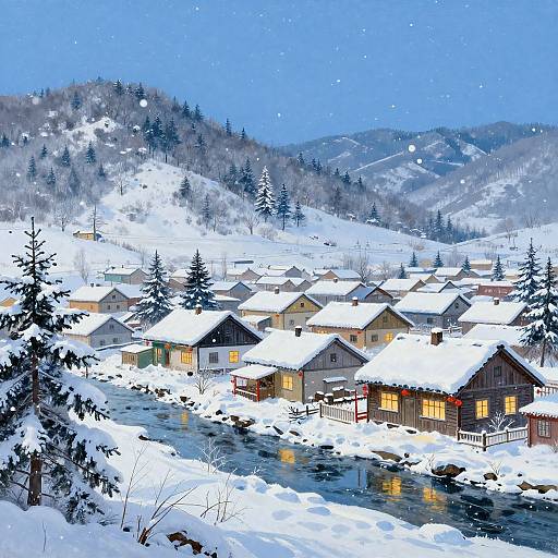 Photograph of a snowy mountain village at night, featuring lit houses along a snow-covered river, surrounded by snow-laden trees and mountains under a clear