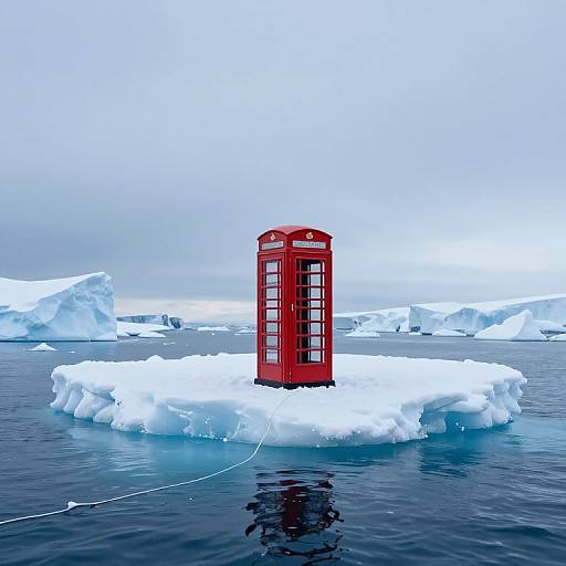 Photograph: Red British telephone booth on a floating ice platform in a vast, icy Arctic ocean, tethered with a rope.