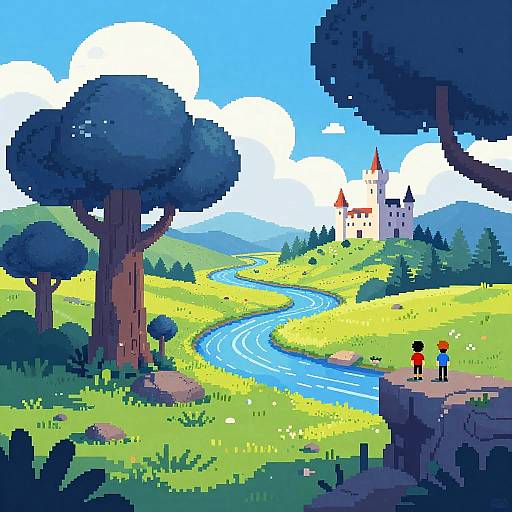 Pixelated Landscape with Blue Mushroom Trees