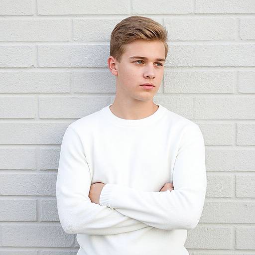 Photograph of a young, fair-skinned man with short, light brown hair, wearing a white long-sleeve shirt, standing against a white