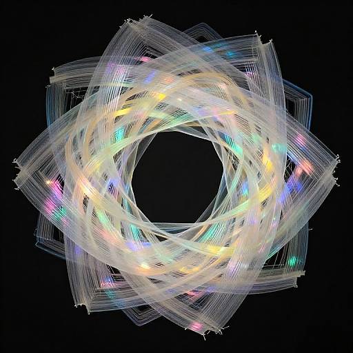 Digital artwork of a glowing, multicolored, spiral light pattern against a black background, featuring interwoven, translucent, neon-like lines.