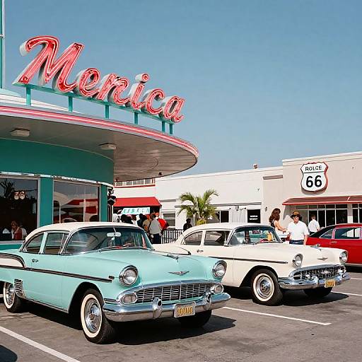 Photograph of vintage cars in front of a retro 