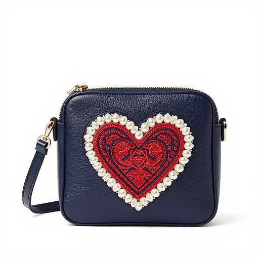 Black leather purse with a red, intricately embroidered heart featuring white pearl accents, gold zipper, and adjustable strap.