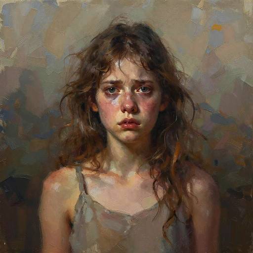 Digital painting of a sad, young girl with long, messy brown hair, wearing a gray tank top, against a textured, multicolored background.