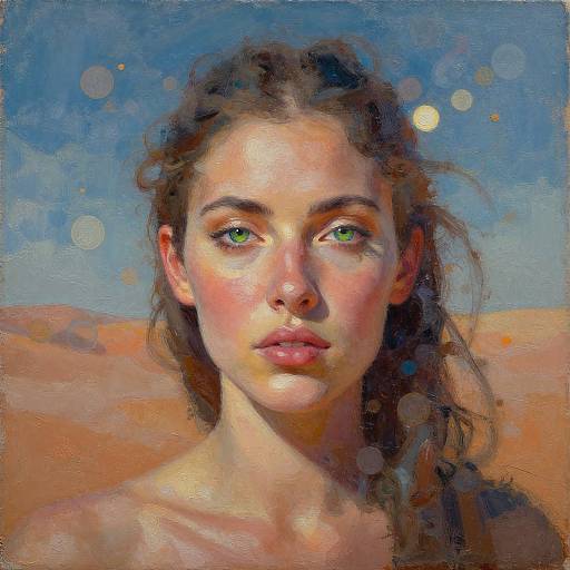 Digital painting of a young woman with green eyes, wavy brown hair, and fair skin, set against a blue sky with dappled light.