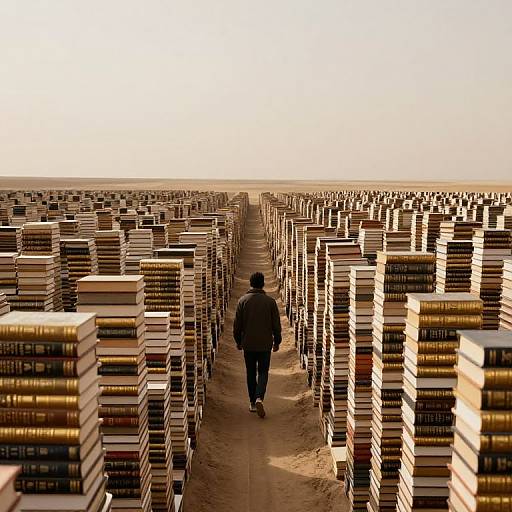Photograph of a lone person in dark clothing walking down a sandy path between towering stacks of books in a desert-like landscape.