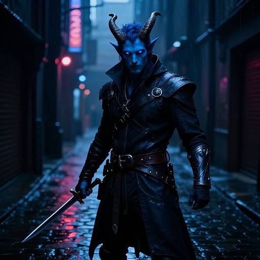 Cyberpunk demon warrior with blue skin, horns, and glowing eyes, holding a sword in a neon-lit, rainy alley. Dark, glossy
