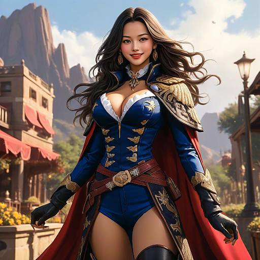 Digital art of a sexy Asian woman with long black hair, blue military-style outfit, large breasts, red cape, standing in a sunny, mountainous