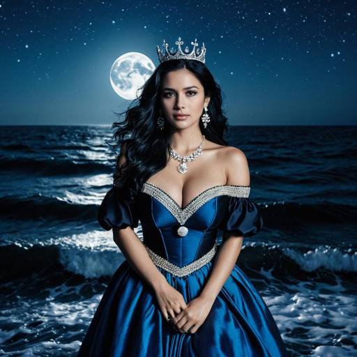 Woman in Blue Ball Gown with Crown at Night by Ocean