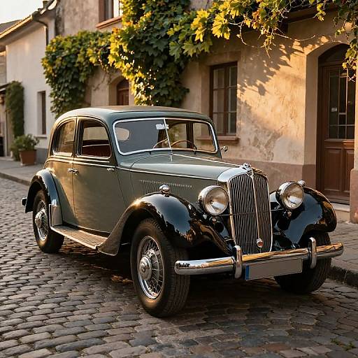 Photograph of a sleek, black vintage 1930s car with chrome accents, parked on a cobblestone street beside a charming, ivy