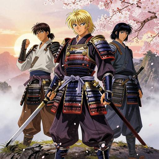 Digital anime artwork of three samurai with cherry blossom background: central blonde samurai in detailed armor, flanked by two darker-haired samurai in traditional