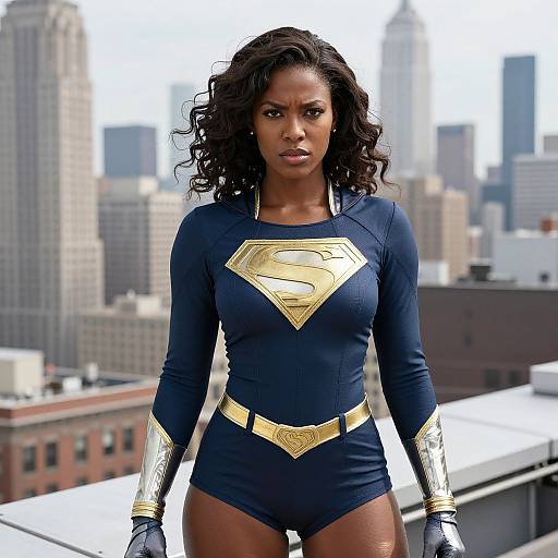 Photorealistic image of a dark-skinned Black woman in a blue Superman-inspired bodysuit with gold emblem, gloves, and belt, standing on