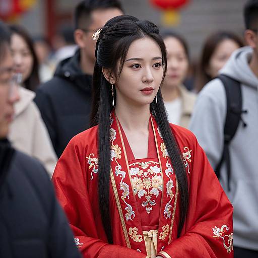Photograph of an East Asian woman with long black hair, wearing a red traditional Chinese floral-patterned robe, standing in a crowded outdoor setting with blurred
