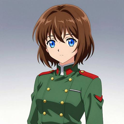 Anime-style digital drawing of a young woman with short brown hair, blue eyes, and green military uniform with red epaulettes and gold buttons.