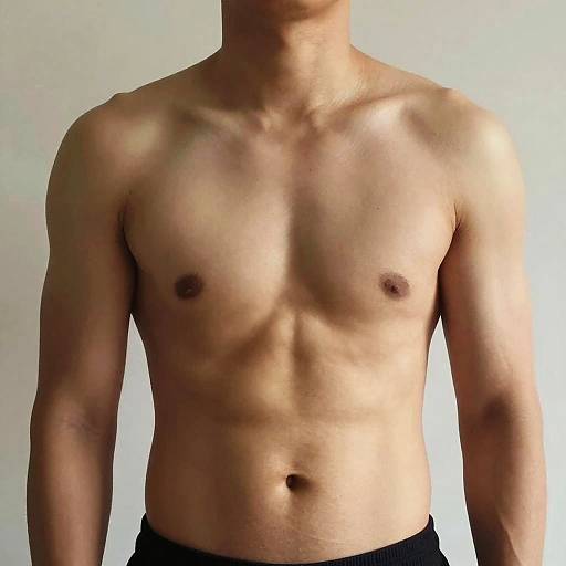 Photograph of a shirtless, muscular, light-skinned Asian man with defined abs and small nipples, wearing black pants, against a plain white background