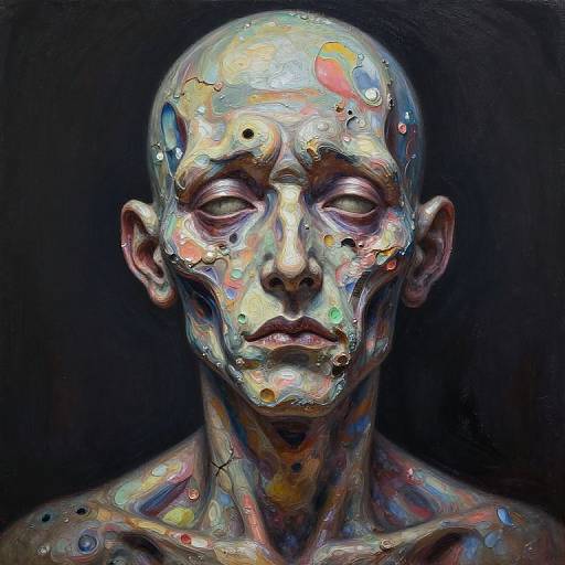 Digital painting of a bald, human-like figure with a metallic, iridescent, and textured face, featuring colorful, reflective spots against a dark background