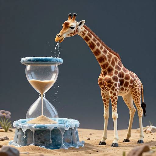 Photorealistic CGI of a giraffe drinking from a melting hourglass in a desert, with sand and rocks scattered around.