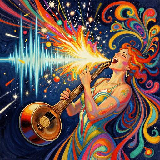 Vibrant digital artwork of a red-haired woman in a colorful dress, playing an acoustic guitar, with fireworks exploding from her mouth against a dark,